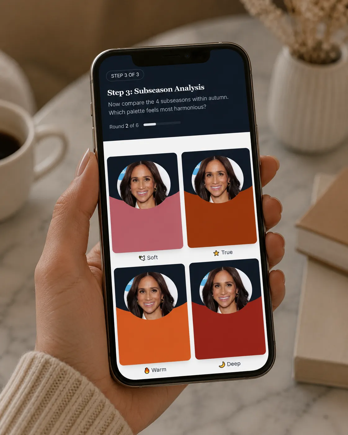 Meghan Markle ColorisLab virtual draping studio Autumn subseason palette comparison session