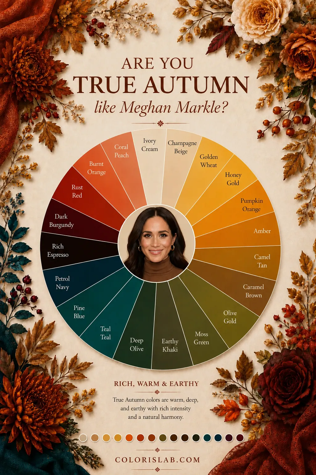 Meghan Markle True Autumn color palette wheel with her best colors