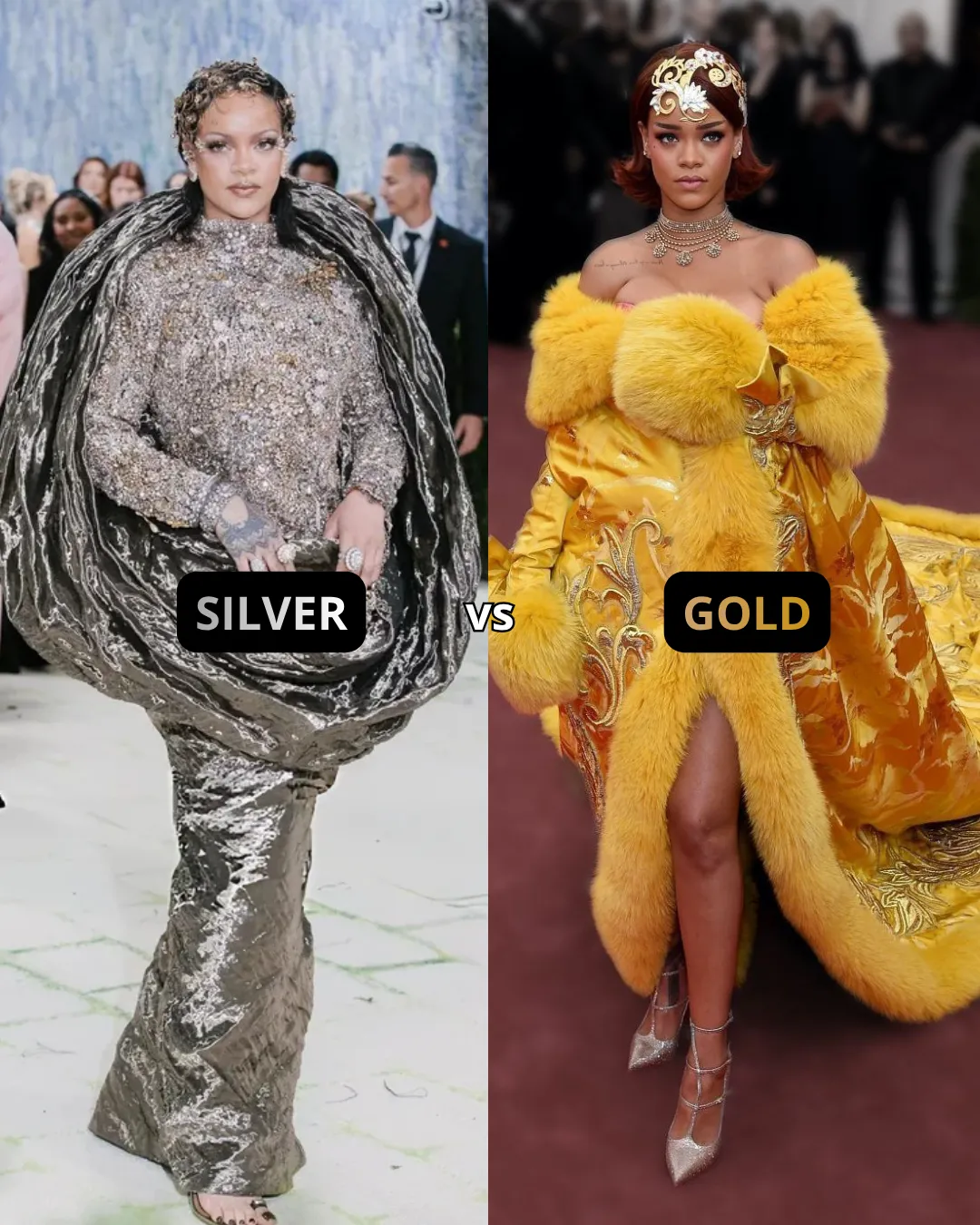 Rihanna in silver Met Gala gown vs gold gown color analysis comparison