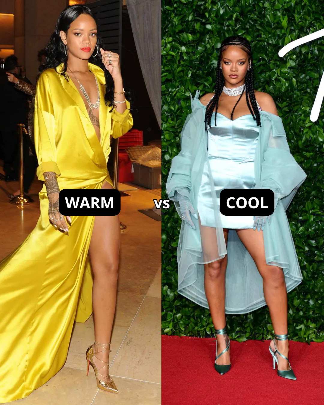 Rihanna in light cool blue dress vs bright yellow dress color analysis