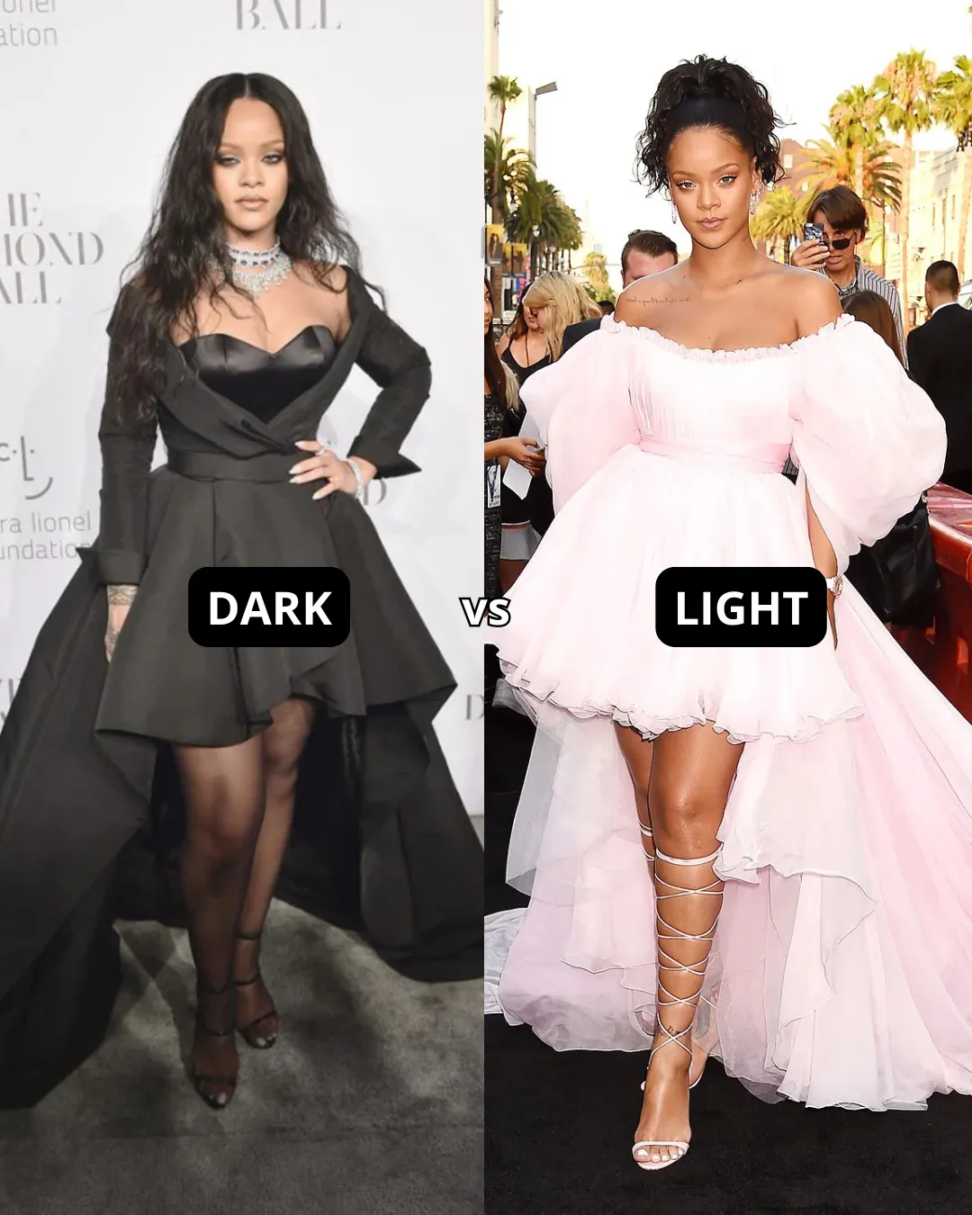 Rihanna in black outfit vs light cool pink color analysis depth and contrast