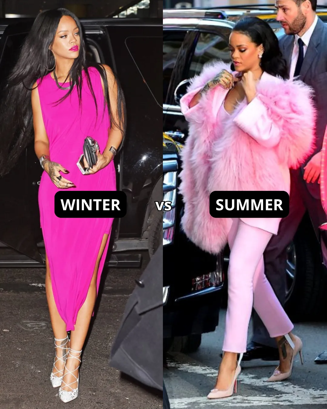 Rihanna in hot pink vs soft summer pink color analysis chroma test