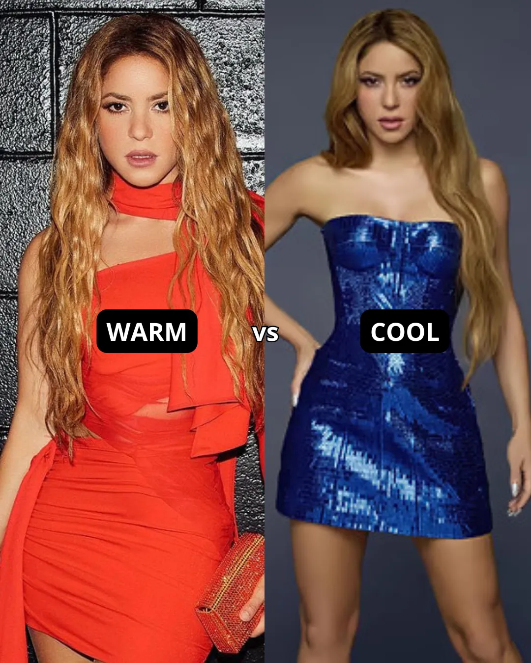 Shakira in warm orange-red dress vs cool Winter blue dress color analysis