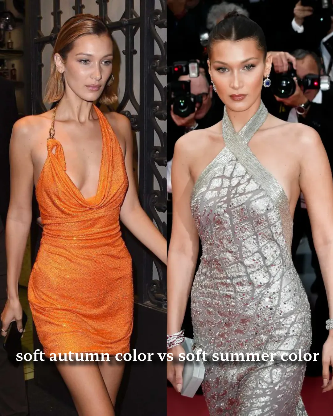 Bella Hadid Soft Summer color analysis showing cool muted shades enhancing her features