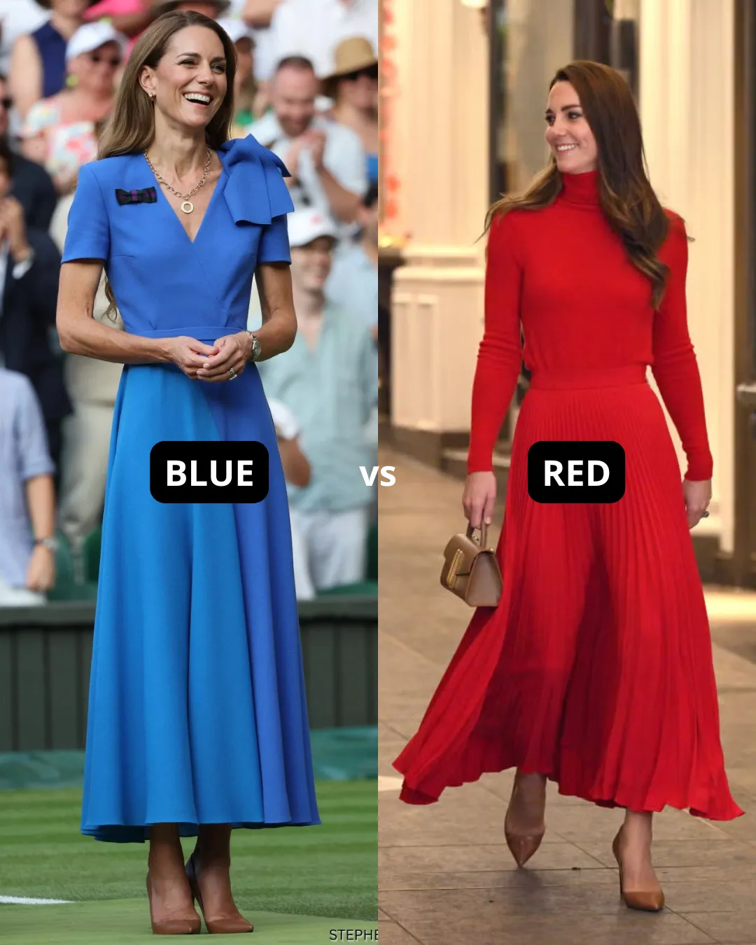 Catherine Princess of Wales in cool blue dress vs warm red dress