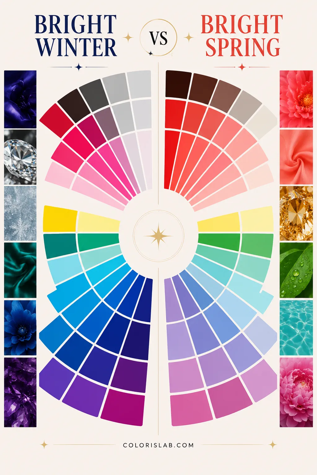 High contrast vivid coloring illustrating the shared characteristics of Bright Winter and Bright Spring