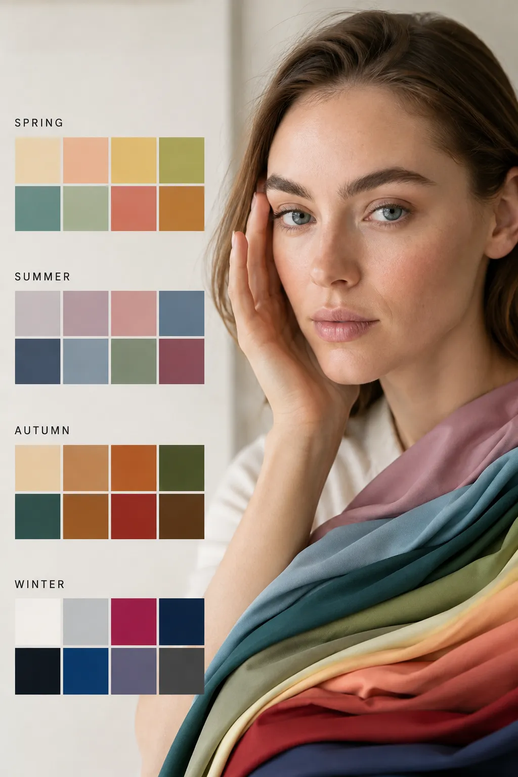 Personal color analysis beginner guide showing seasonal color palettes and draping comparison on natural features