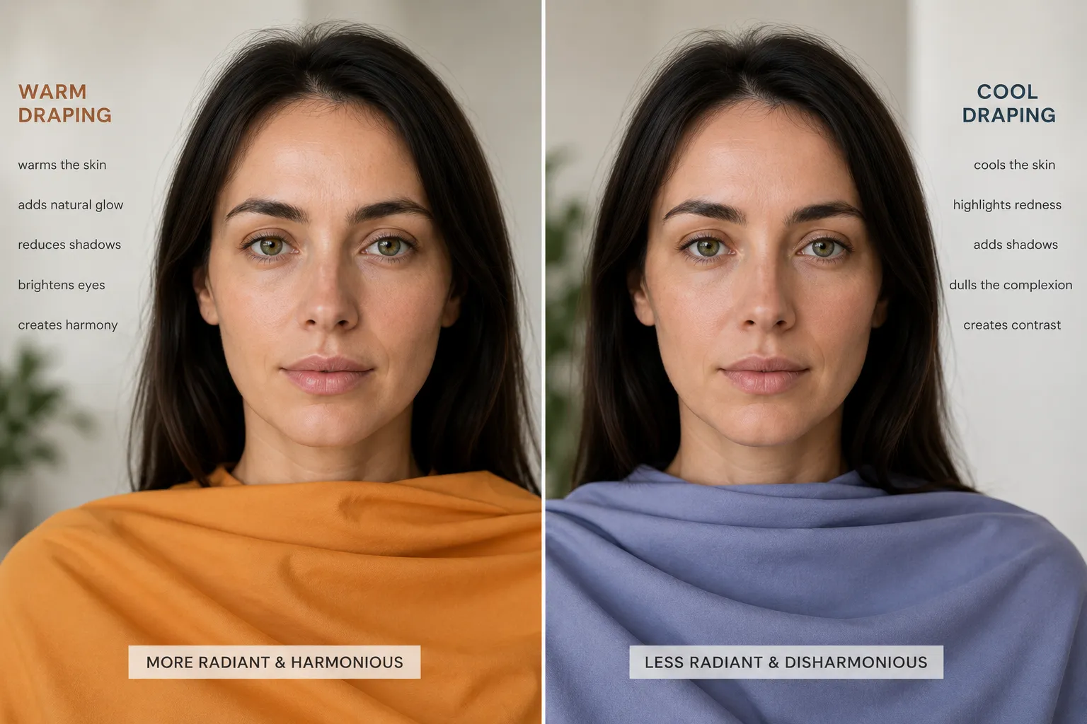 Color analysis draping comparison showing how warm and cool colors affect skin clarity, shadow depth and facial harmony