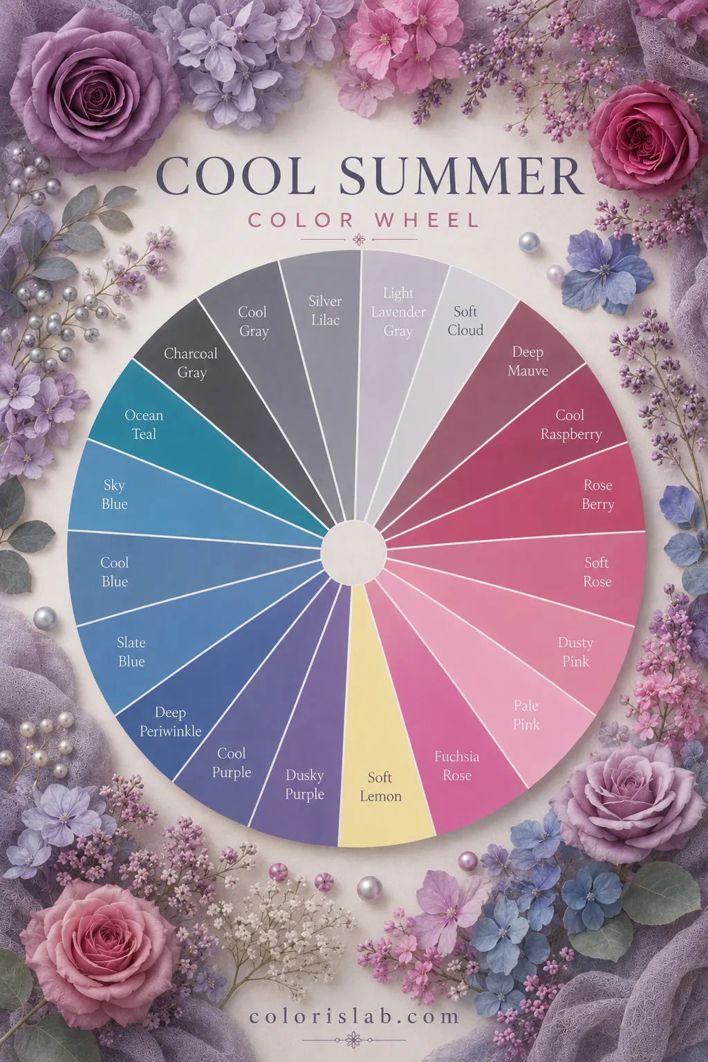 Cool Summer color palette in the 16-season system showing cooler cleaner and slightly icier Summer colors