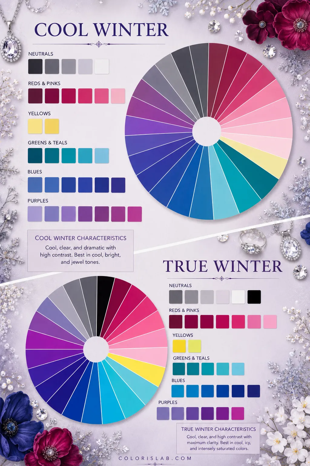 Cool Winter vs True Winter color wheels showing the difference between the two Winter subseasons in the 16-season system