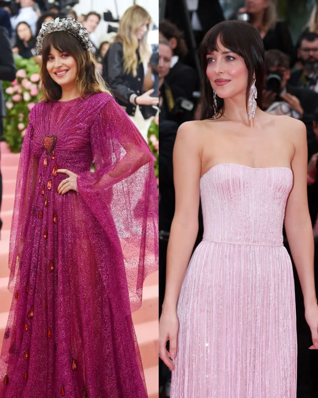 Dakota Johnson in bright saturated pink vs soft muted pink chroma color analysis comparison