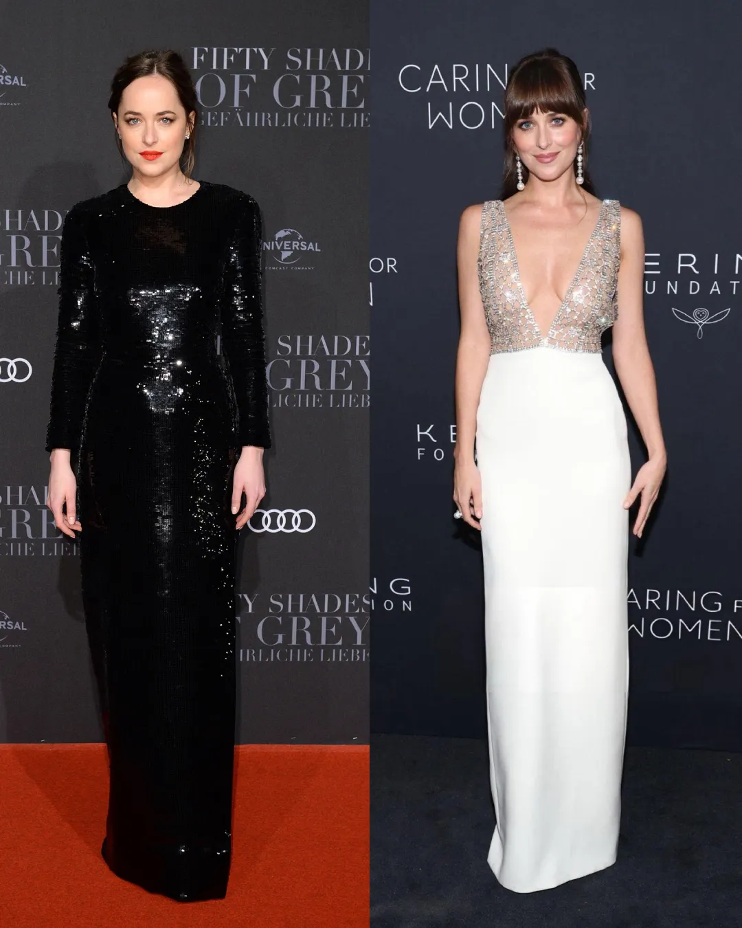 Dakota Johnson in dark dramatic black styling vs lighter muted cool tones value and contrast color analysis