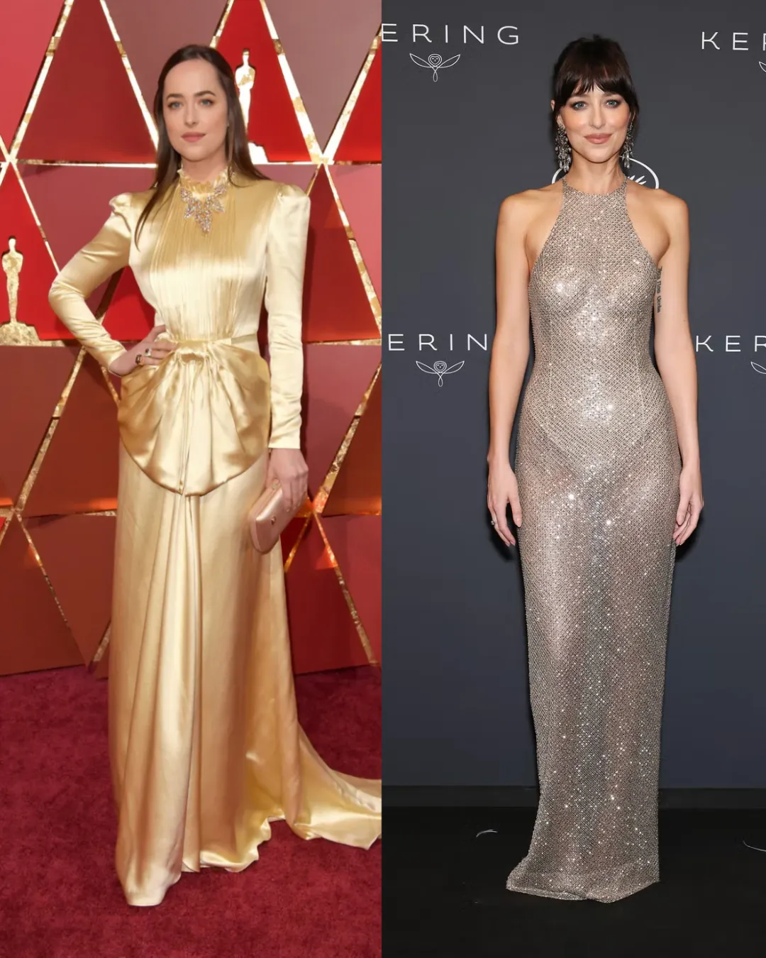 Dakota Johnson in warm gold styling vs cool silver toned harmony undertone color analysis comparison