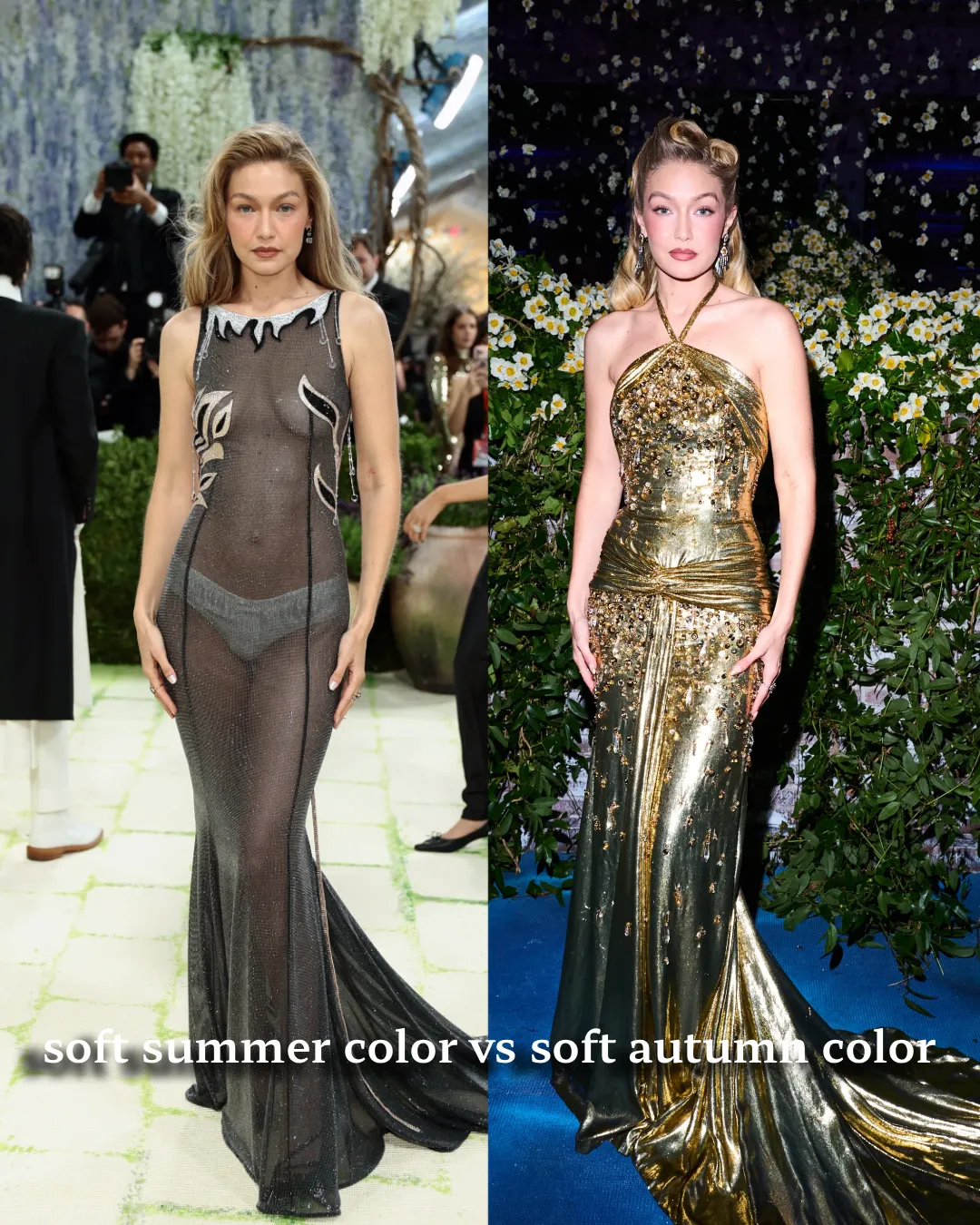Gigi Hadid Soft Autumn color analysis showing warm muted shades enhancing her features