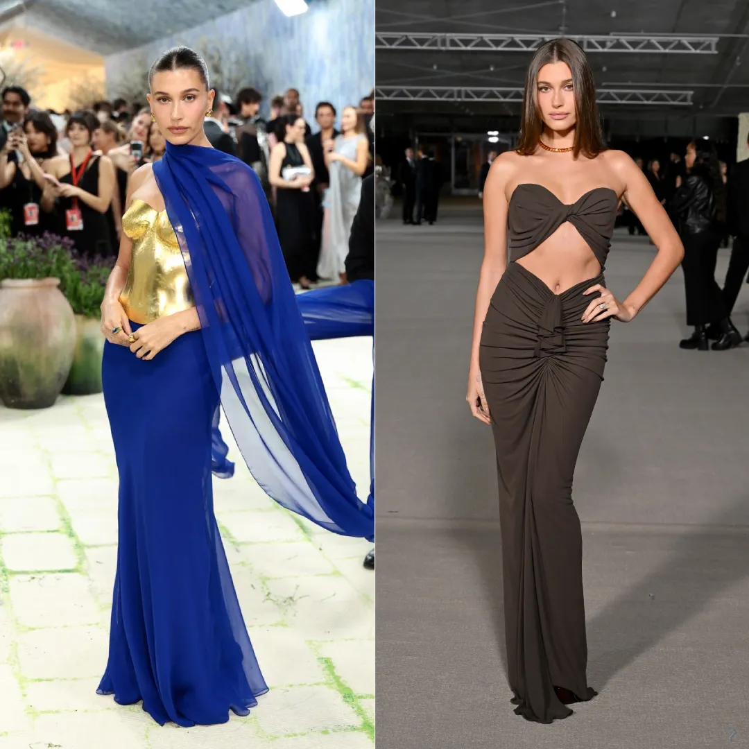 Hailey Bieber in cool Winter blue dress vs warm brown outfit color analysis