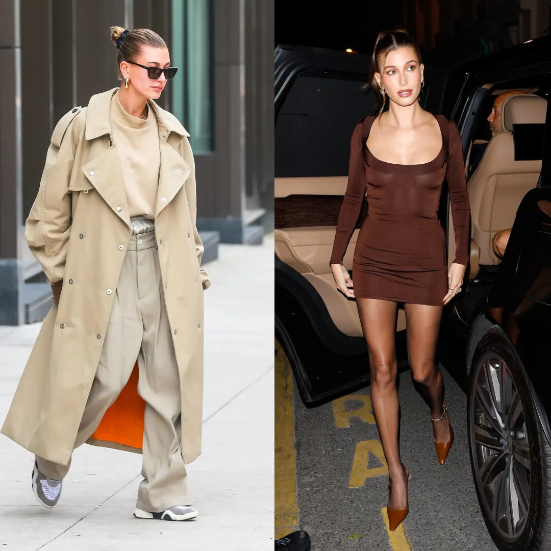 Hailey Bieber in light beige monochromatic outfit vs deeper warm brown dress depth and contrast analysis