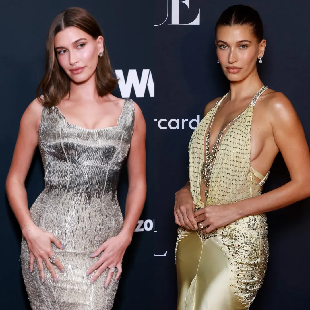Hailey Bieber in silver dress vs gold dress undertone color analysis comparison