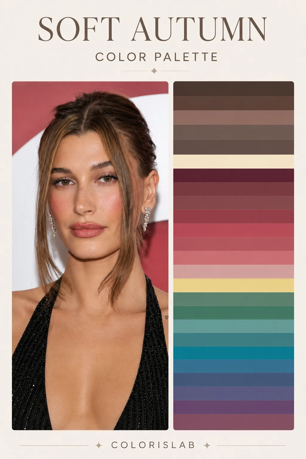 Hailey Bieber Soft Autumn color palette with her best colors