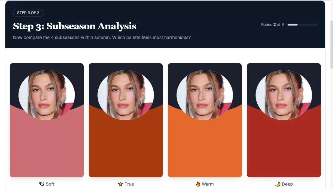 Hailey Bieber virtual draping session Autumn subseason palette comparison colorislab studio