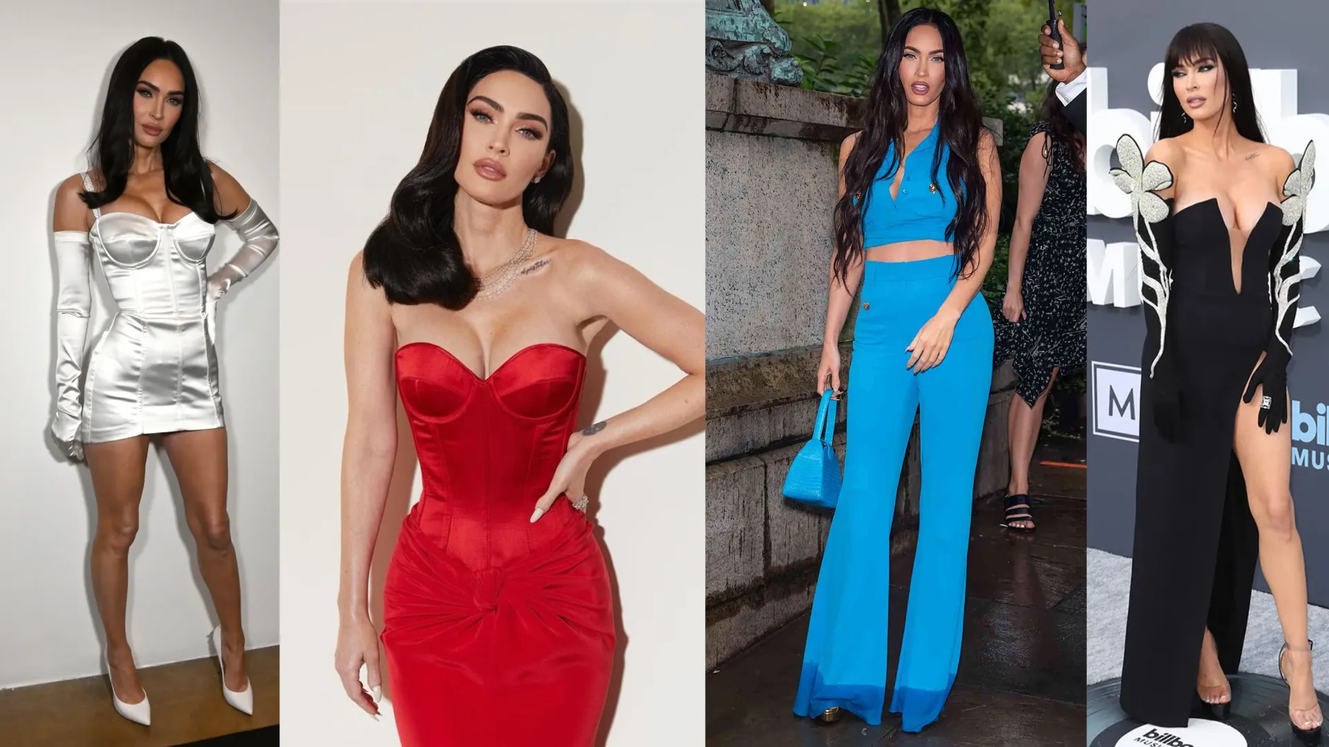 Megan Fox Bright Winter analysis showing vivid cool jewel tones and high contrast combinations enhancing her features