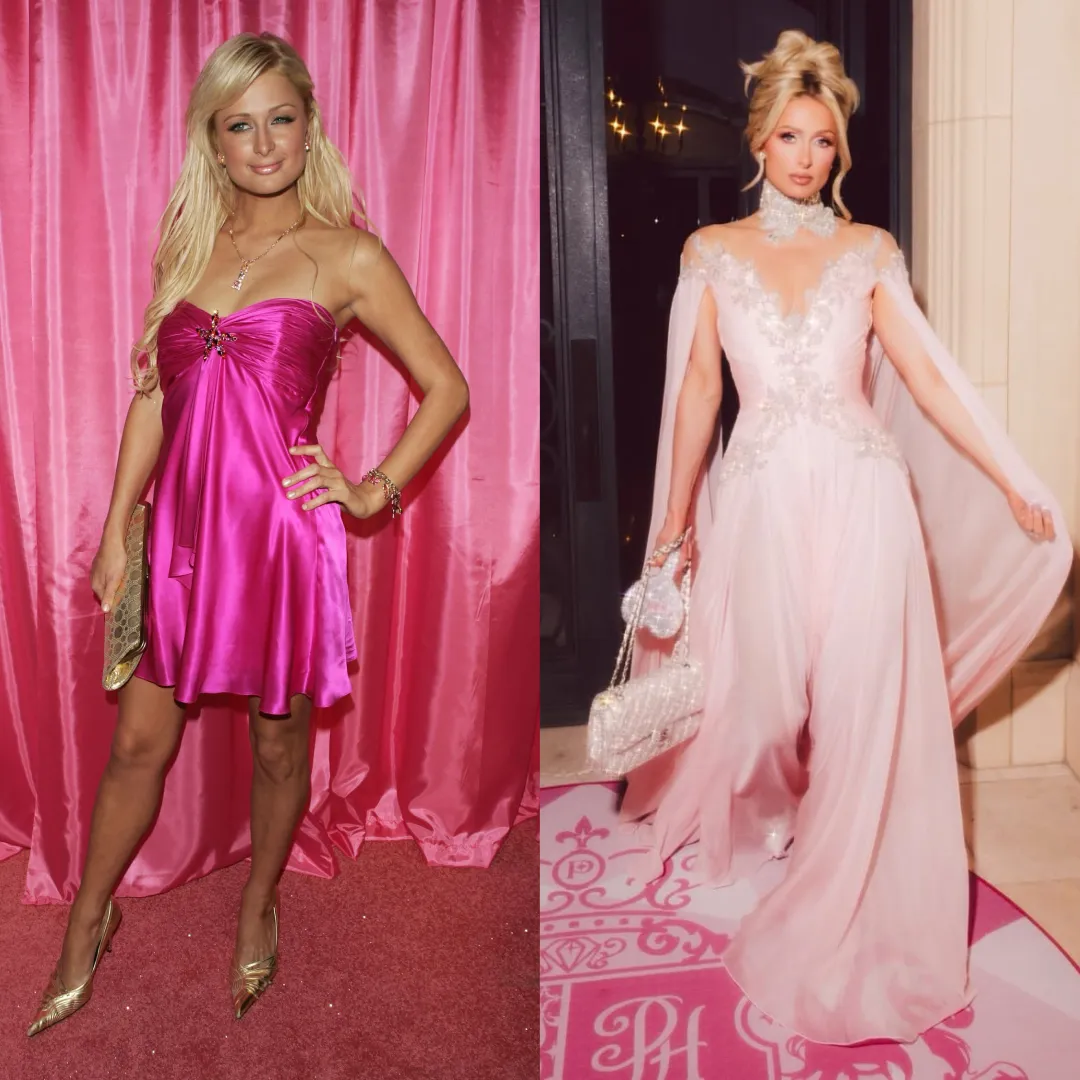 Paris Hilton in bright Spring colors vs soft muted Summer tones chroma color analysis comparison