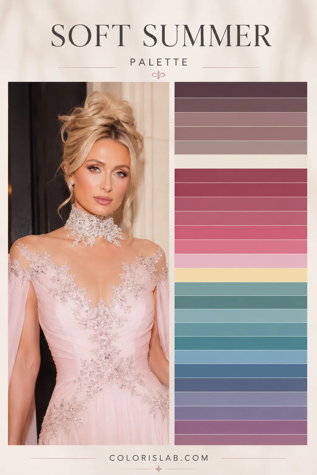 Paris Hilton Soft Summer color palette with her best colors