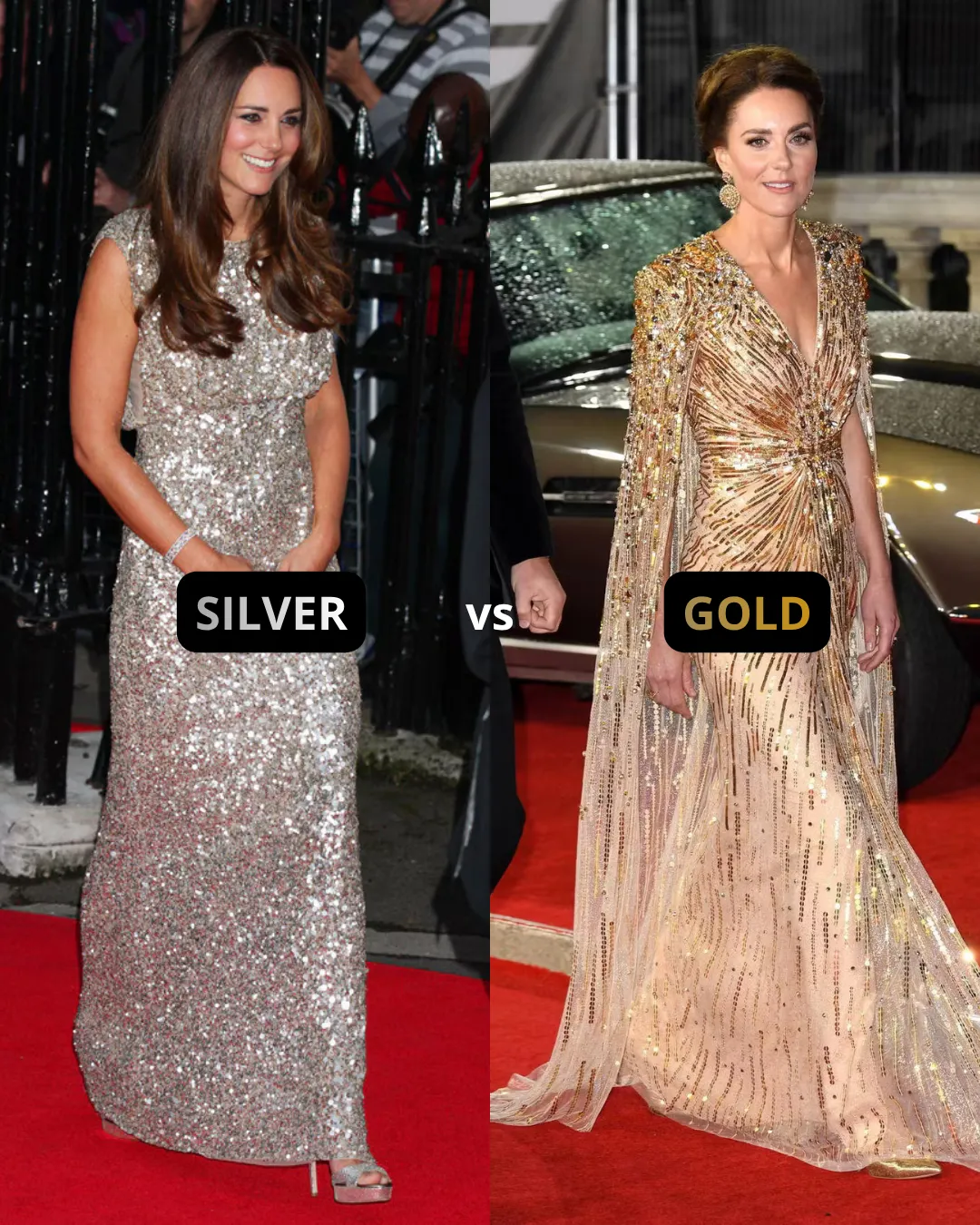 Catherine Princess of Wales in gold dress vs silver dress