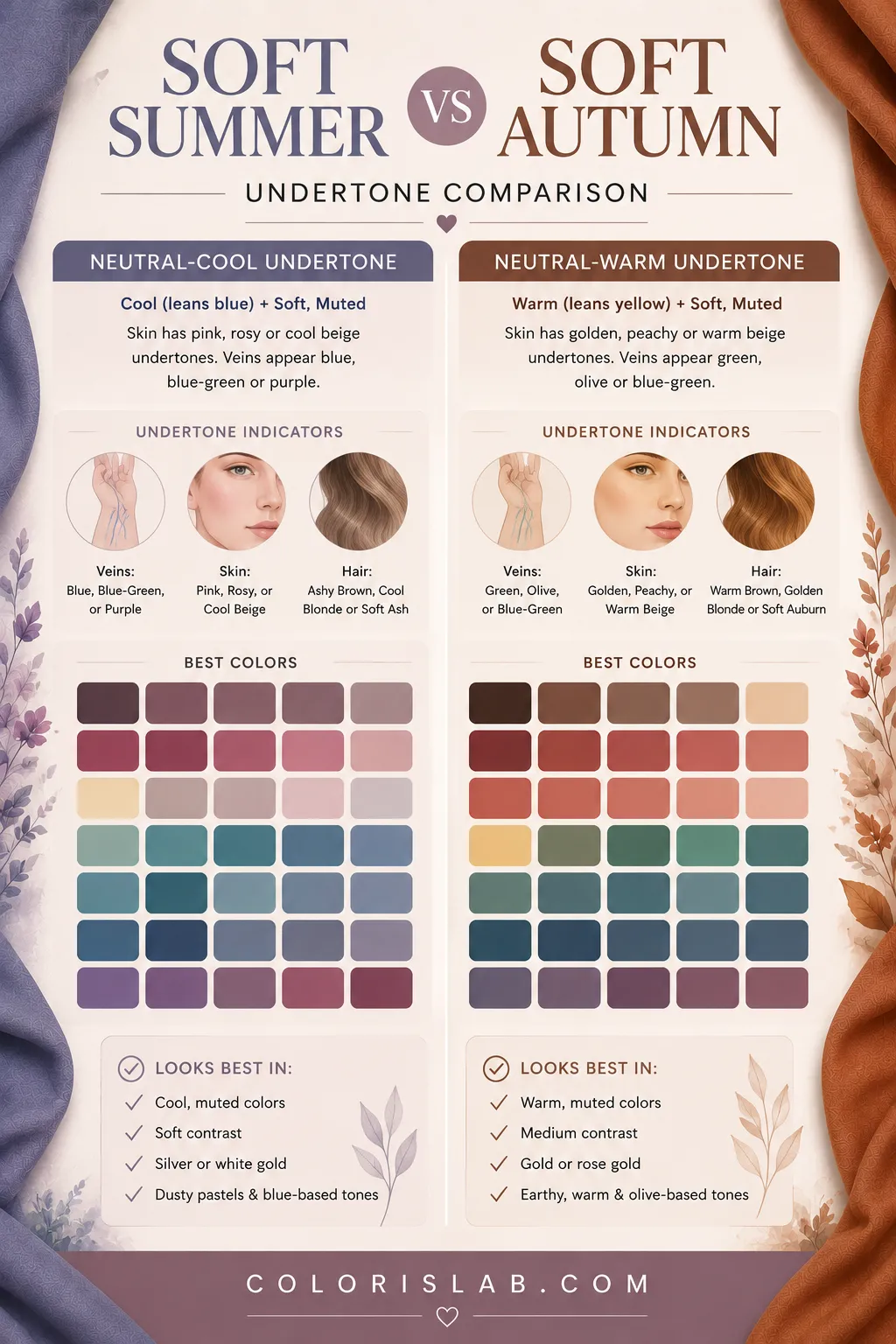 Neutral-cool undertone palette for Soft Summer next to neutral-warm undertone palette for Soft Autumn