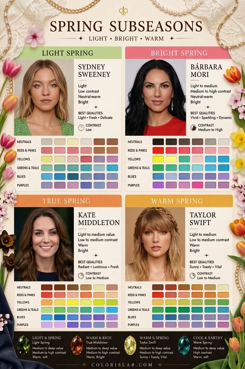 Spring subseason differences in facial features and overall impression showing Warm Spring vs True Spring coloring