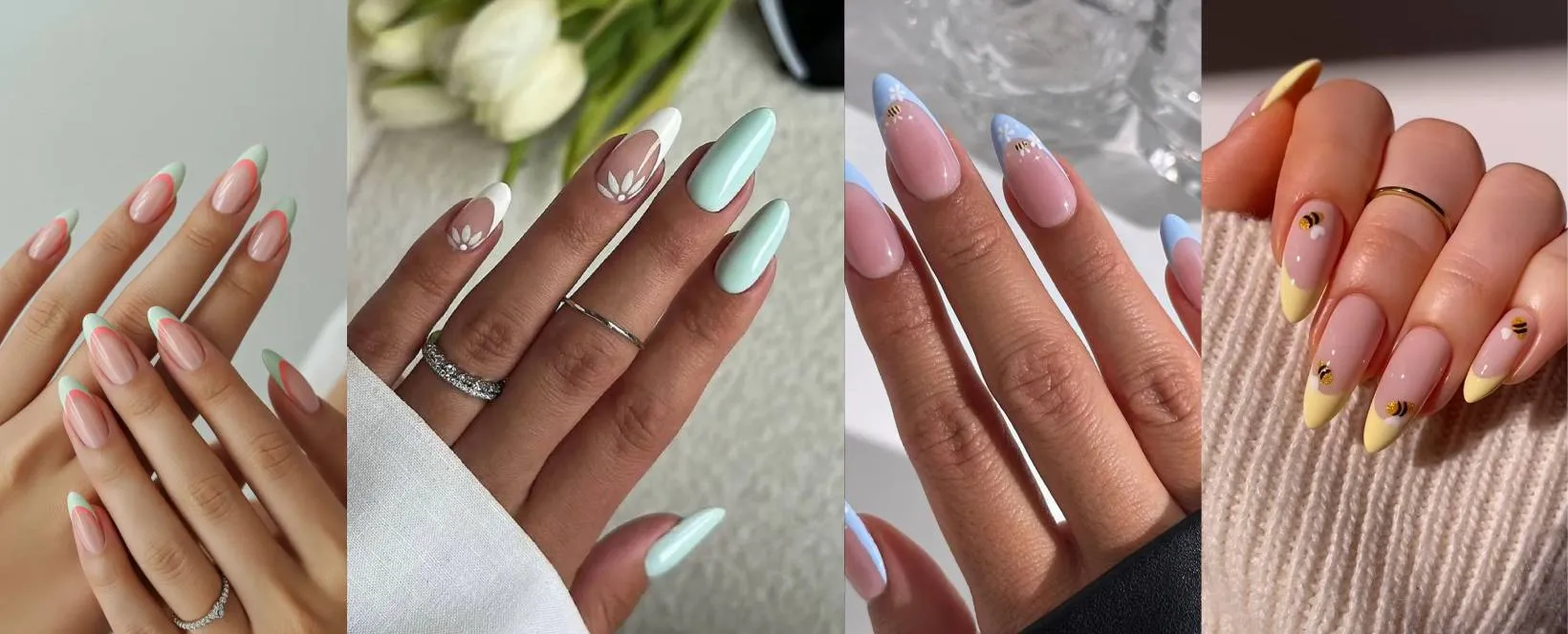 Pastel spring nails 2026 showing yellow, pink, soft blue and coral nail colors