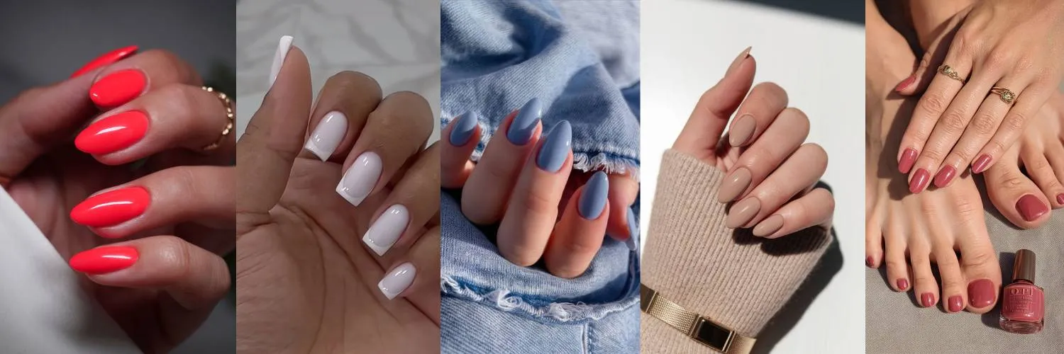Winter nail ideas with white red and blue versus Autumn nude and beige nail colors for spring