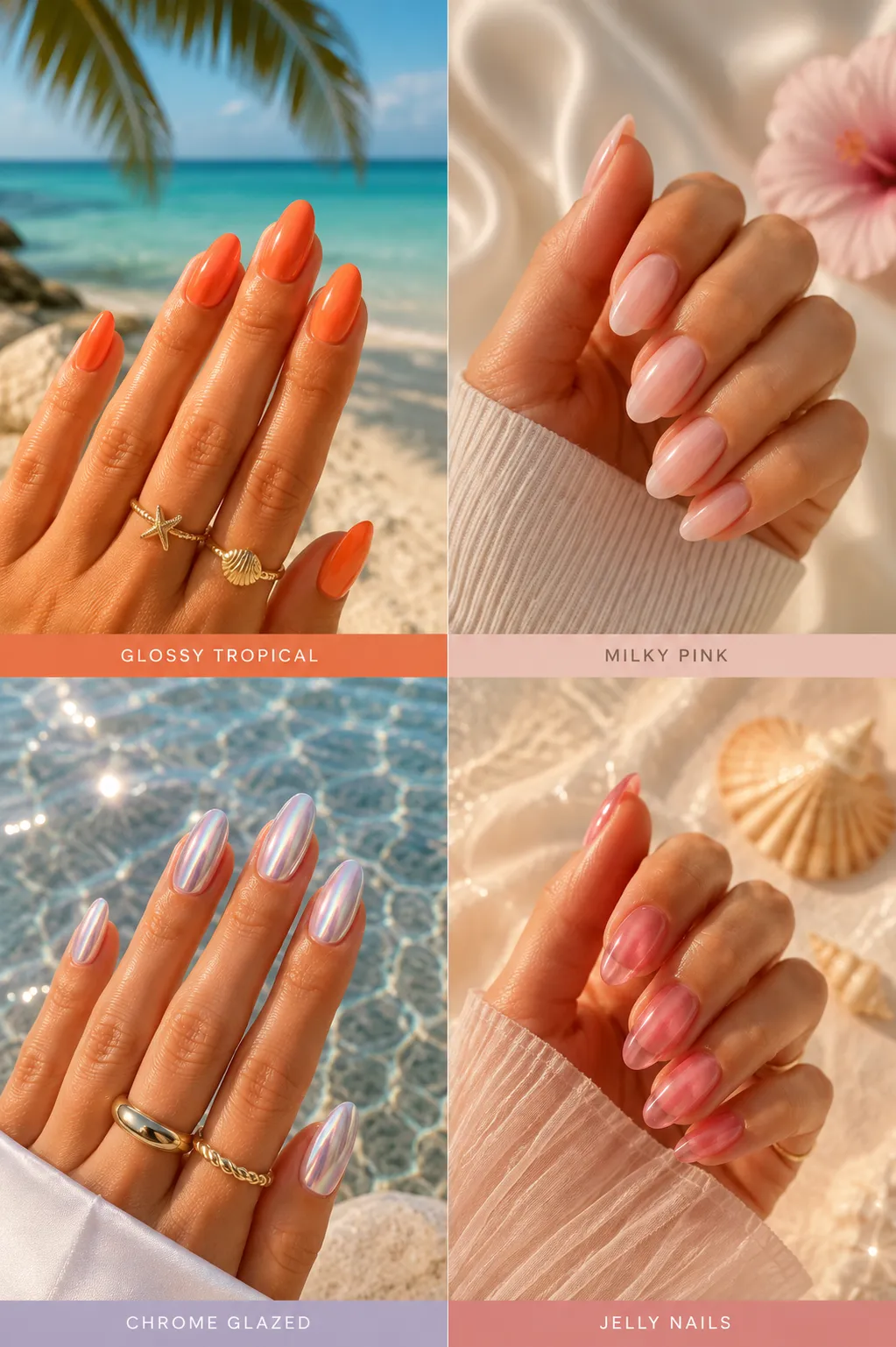 Summer nail trends 2026 collage showing glossy beach nails, milky pink manicure, chrome glazed nails and jelly nails