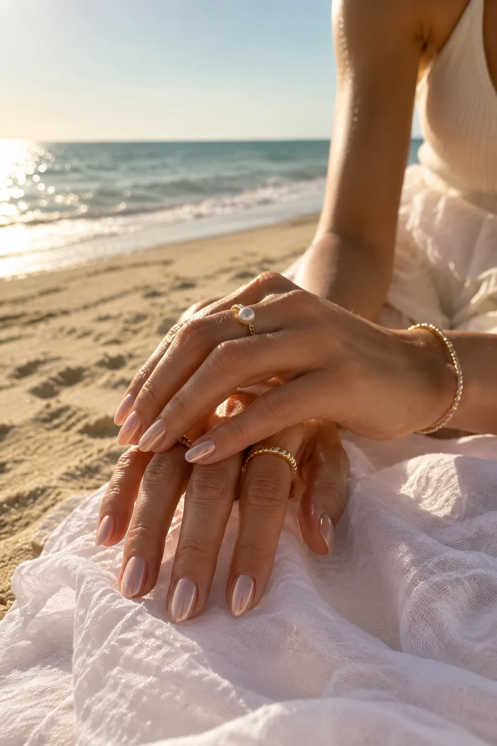 Elegant summer hands with soft glossy manicure beach light luxury relaxed vibe neutral summer styling closing image