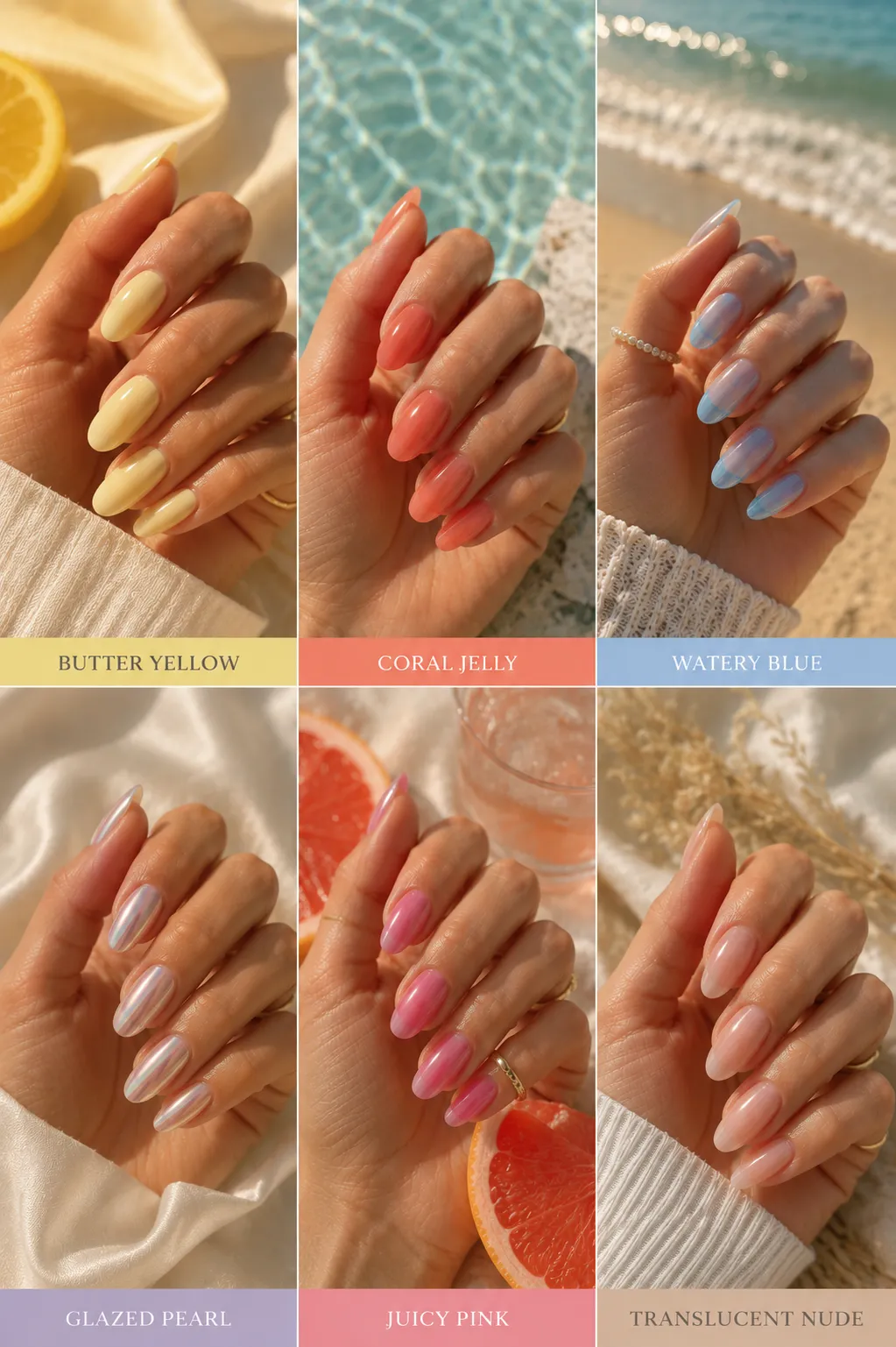 Summer 2026 nail trends collage showing watery jelly nails, chrome glazed nails, peach coral manicure and beach-inspired nail aesthetics