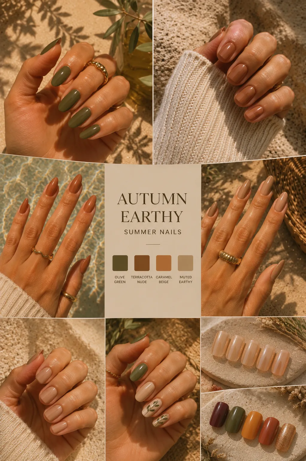 Autumn earthy summer nail ideas showing olive green nails, terracotta nude and caramel beige manicure
