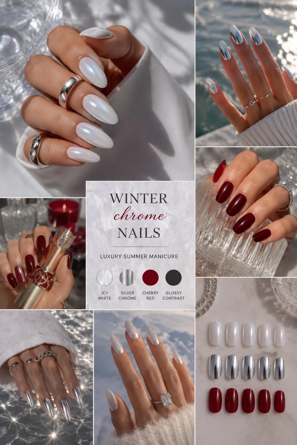 Winter chrome summer nail ideas showing icy white nails, silver chrome manicure, cherry red and glossy contrast luxury summer nails
