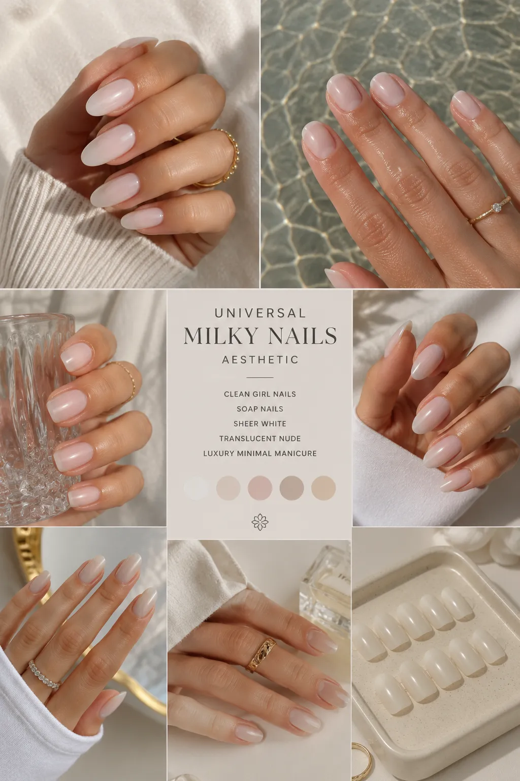 Universal milky summer nails aesthetic showing clean girl nails, soap nails, sheer white and translucent nude luxury minimal manicure