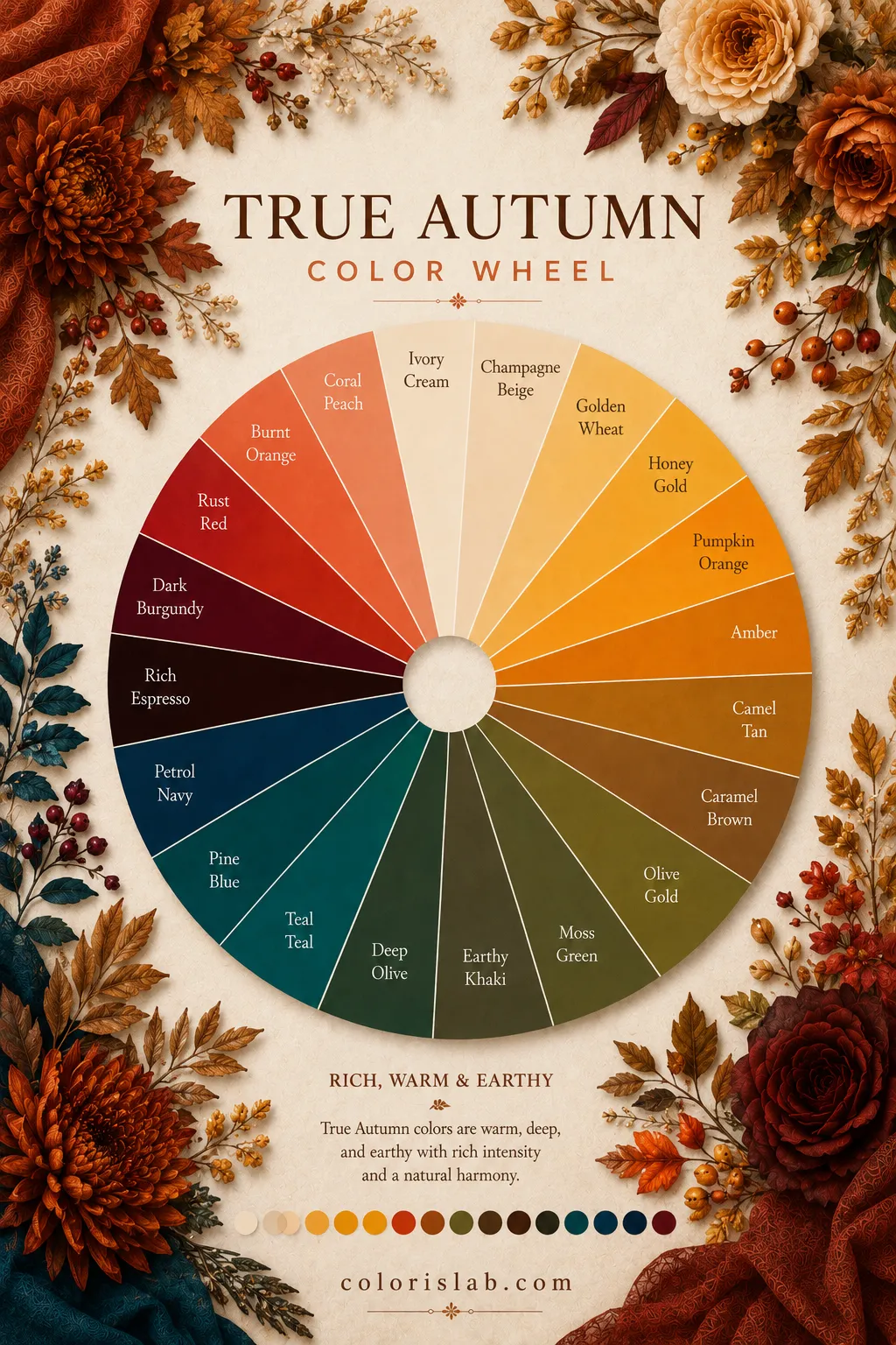 True Autumn color palette in the 16-season system showing warm soft and medium-depth earthy tones