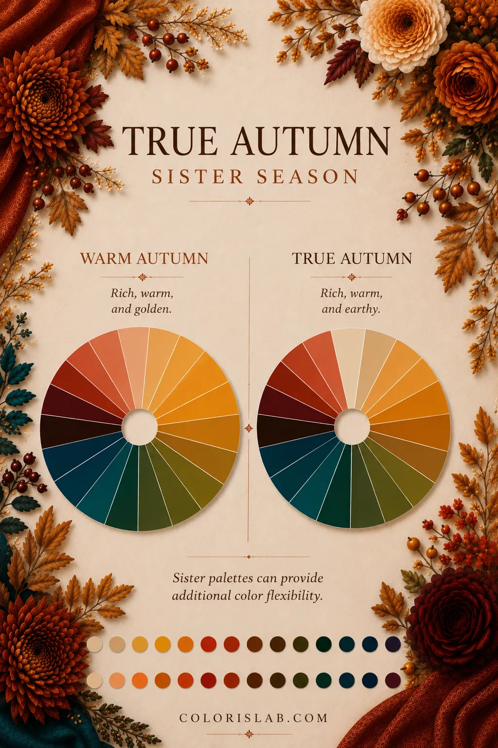 True Autumn and Warm Autumn palette comparison showing sister season color relationships for True Autumn