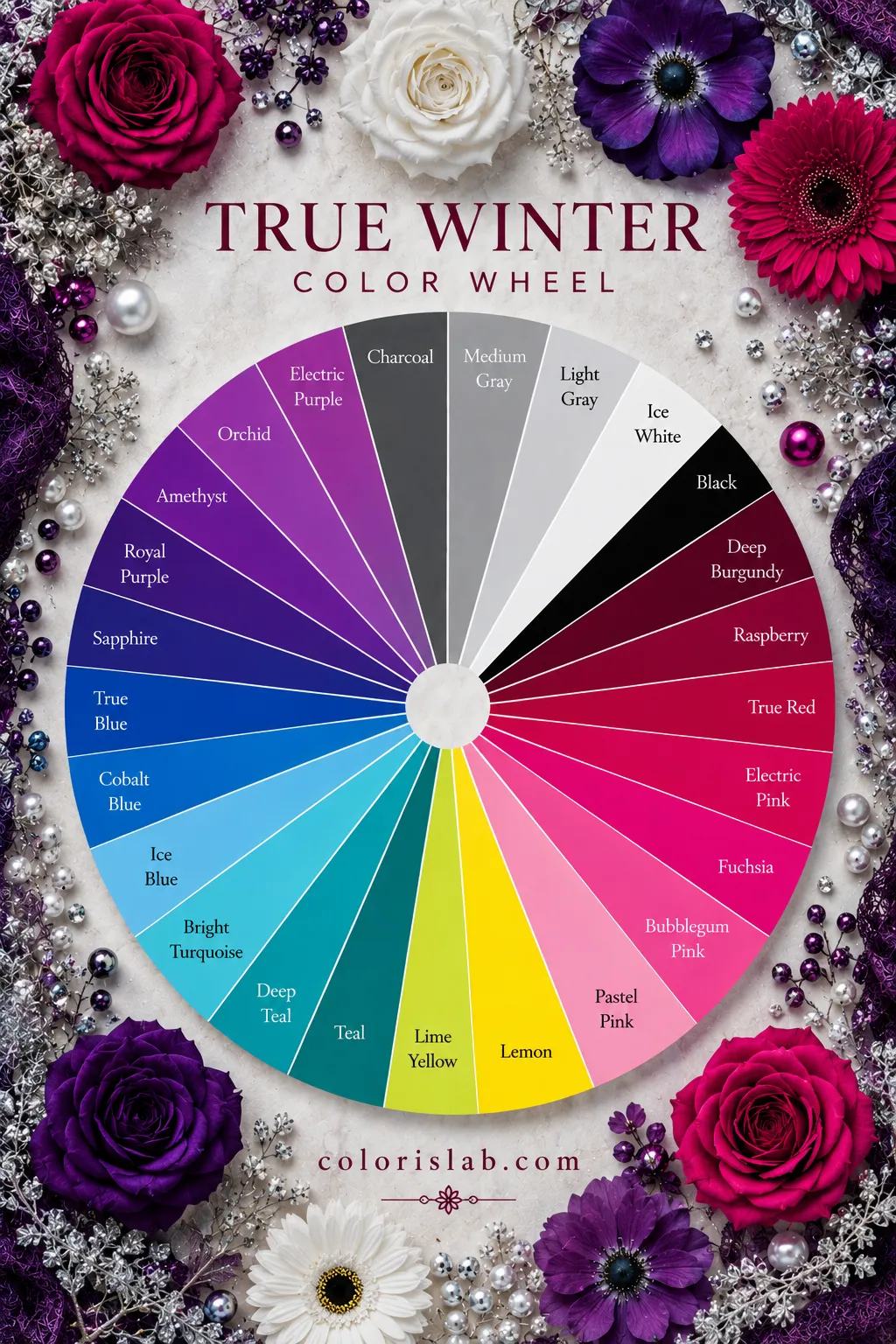 True Winter color palette in the 16-season system showing sharp icy and highly saturated cool colors
