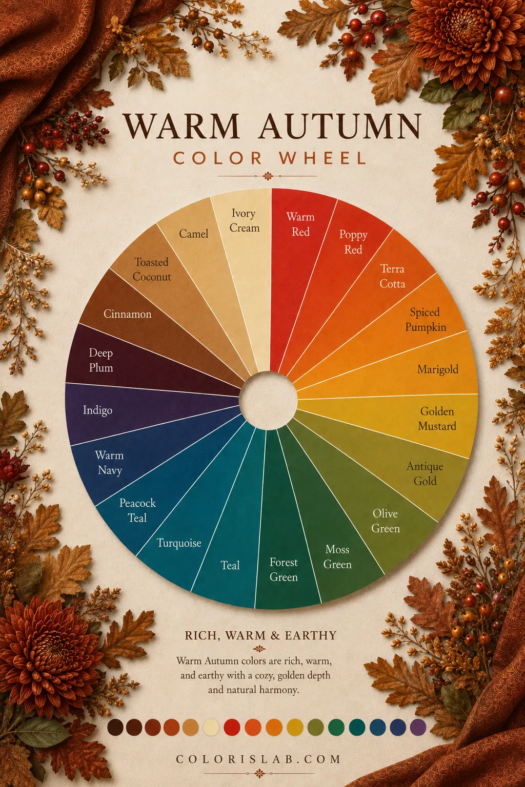 Warm Autumn color palette in the 16-season system showing rich deep and intensely warm earthy tones